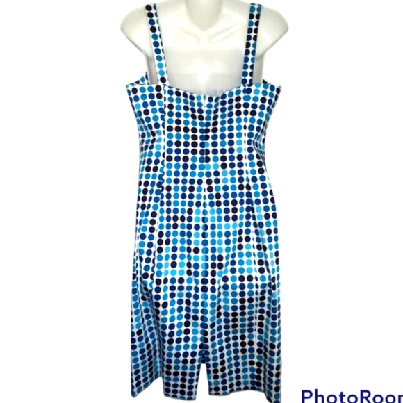 CALVIN KLEIN AQUA BLUE POLKA DOT SHEATH DRESS PLEATED TOP SIZE 10 - Picture 7 of 11